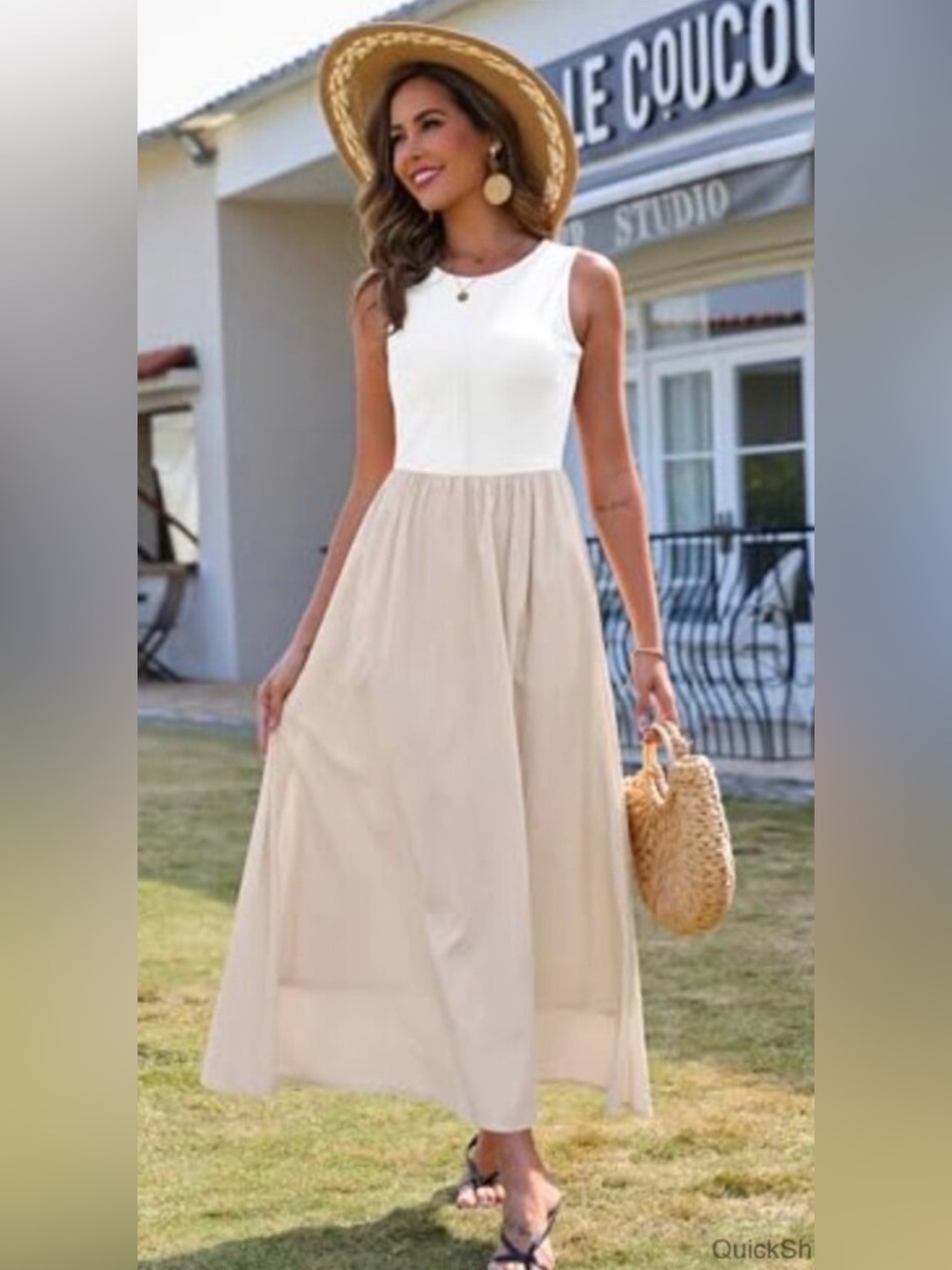 Active USA White with Black Edging & Khaki Bottom Maxi Dress